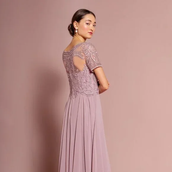 NEW LONG CHIFFON A-LINE DRESS WITH CAP SLEEVES EMBROIDERED WITH LACE GL2683 - Picture 9 of 13